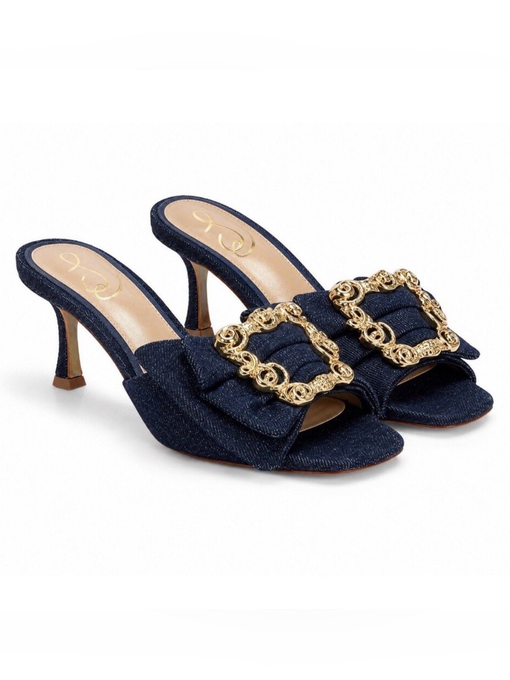 NEW Sam Edelman Womens Size 8.5 Pietra Buckled Square Toe Heeled Denim Sandals
